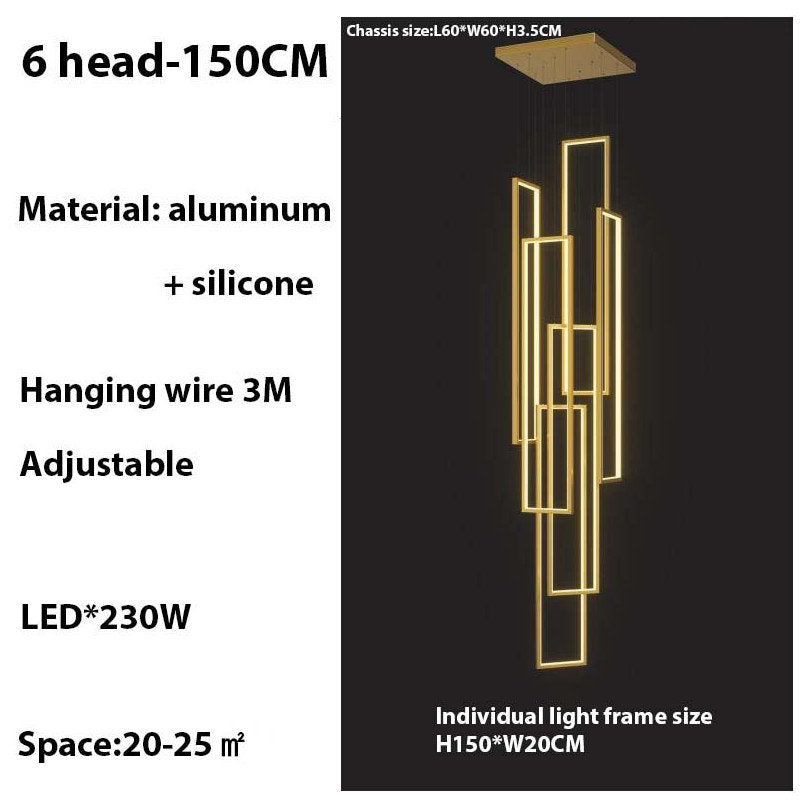 Lavagna | Ultramodern Rectangle Hanging LED Chandelier, Gold, 6 Lights (H177.2"), Warm Light, Non-DimmableBy Miron Demid LLC