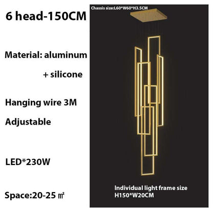 Lavagna | Ultramodern Rectangle Hanging LED Chandelier, Gold, 6 Lights (H177.2"), Warm Light, Non-DimmableBy Miron Demid LLC