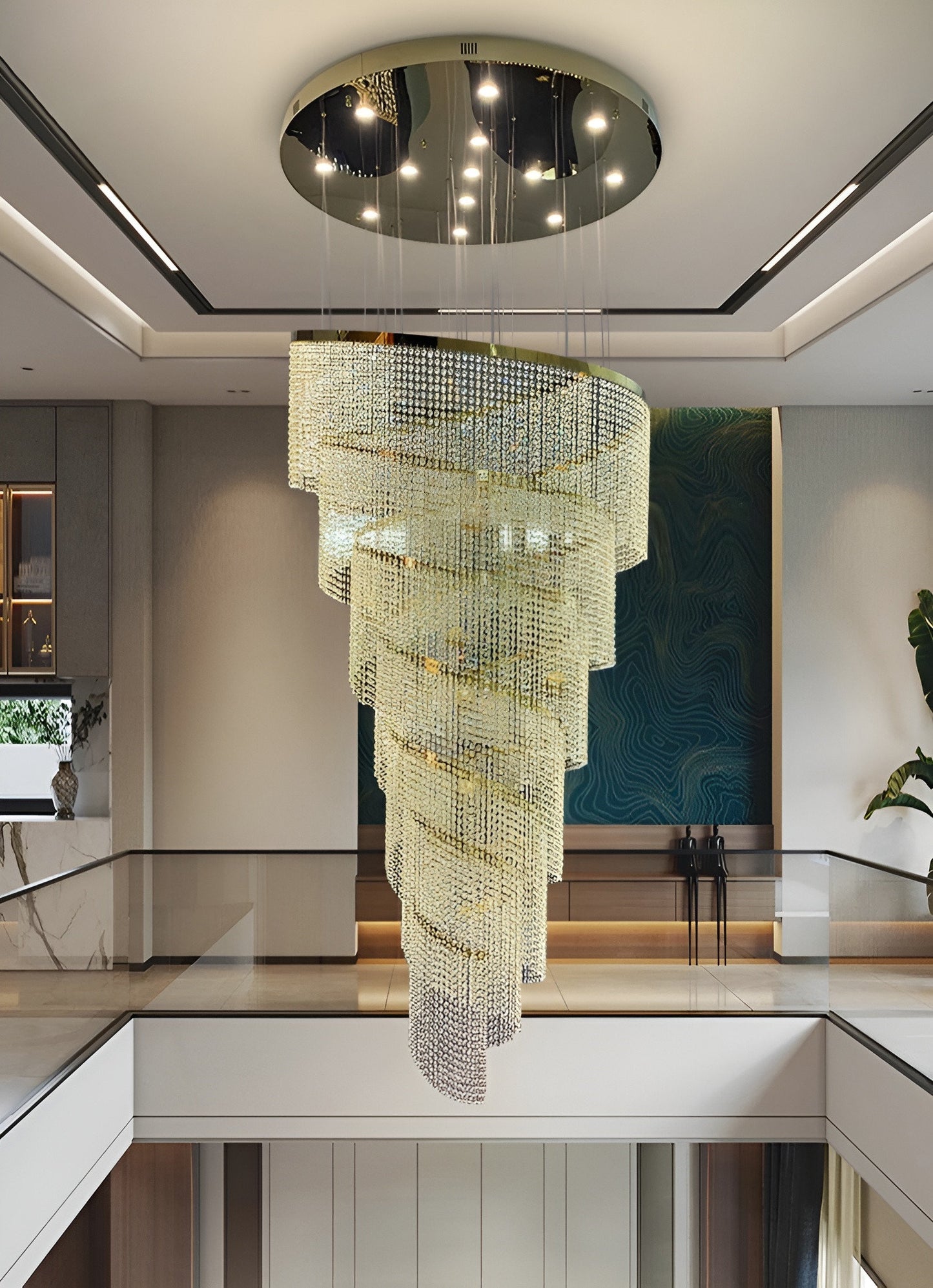 Falicon | Golden/Chrome Crystal Circular Spiral Chandelier, Gold, Dia 39.4xh118.1", Dimmable, Warm LightBy Miron Demid LLC