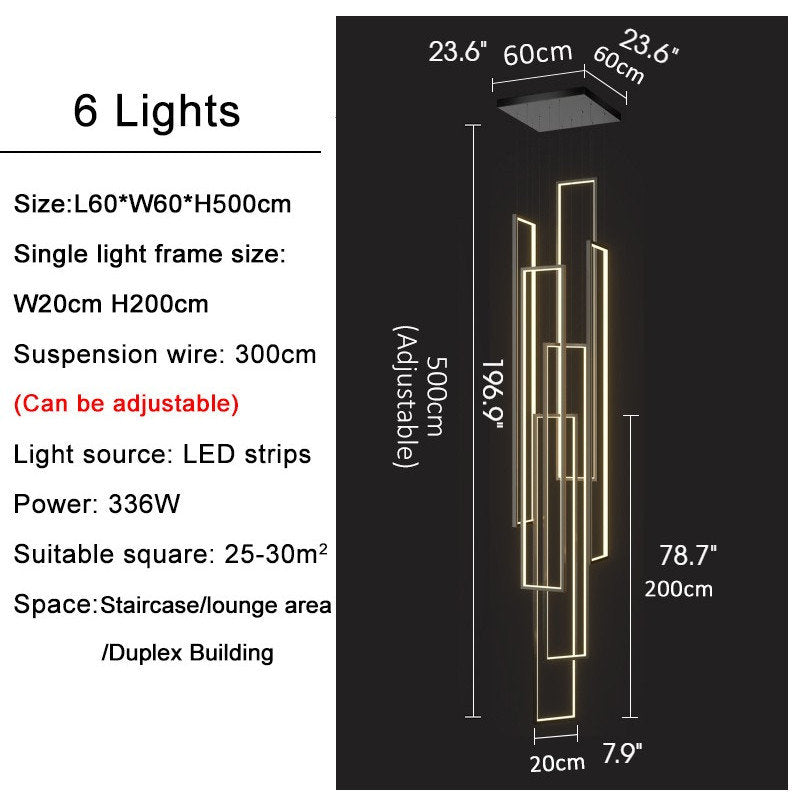 Lavagna | Ultramodern Rectangle Hanging LED Chandelier, Gold, 6 Lights (H196.9"), Cool Light, DimmableBy Miron Demid LLC