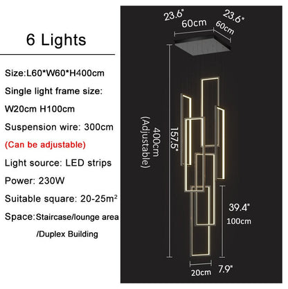 Lavagna | Ultramodern Rectangle Hanging LED Chandelier, Black, 6 Lights (H157.5"), Cool Light, Non-DimmableBy Miron Demid LLC