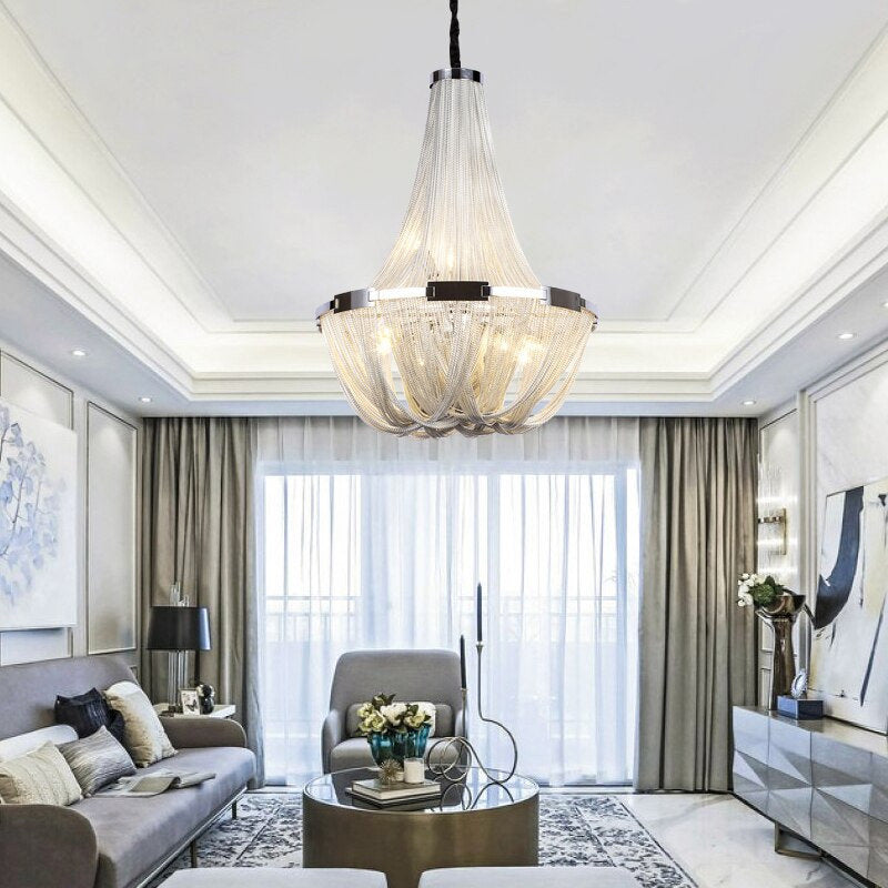 La Louviere | Silver Chain Chandelier for Living Room, 35,4"By Miron Demid LLC