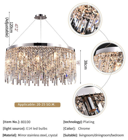 Inveruno | Modern Drum LED Silver Crystal Chandelier for Living Room, Kitchen, Dia31.5" / Dia80cm, Warm Light, DimmableBy Miron Demid LLC