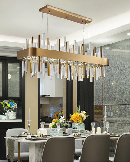 Gold And Black Rectangle Crystal Kitchen Chandelier, Brushed Gold, 43.3", Cool LightBy Miron Demid LLC