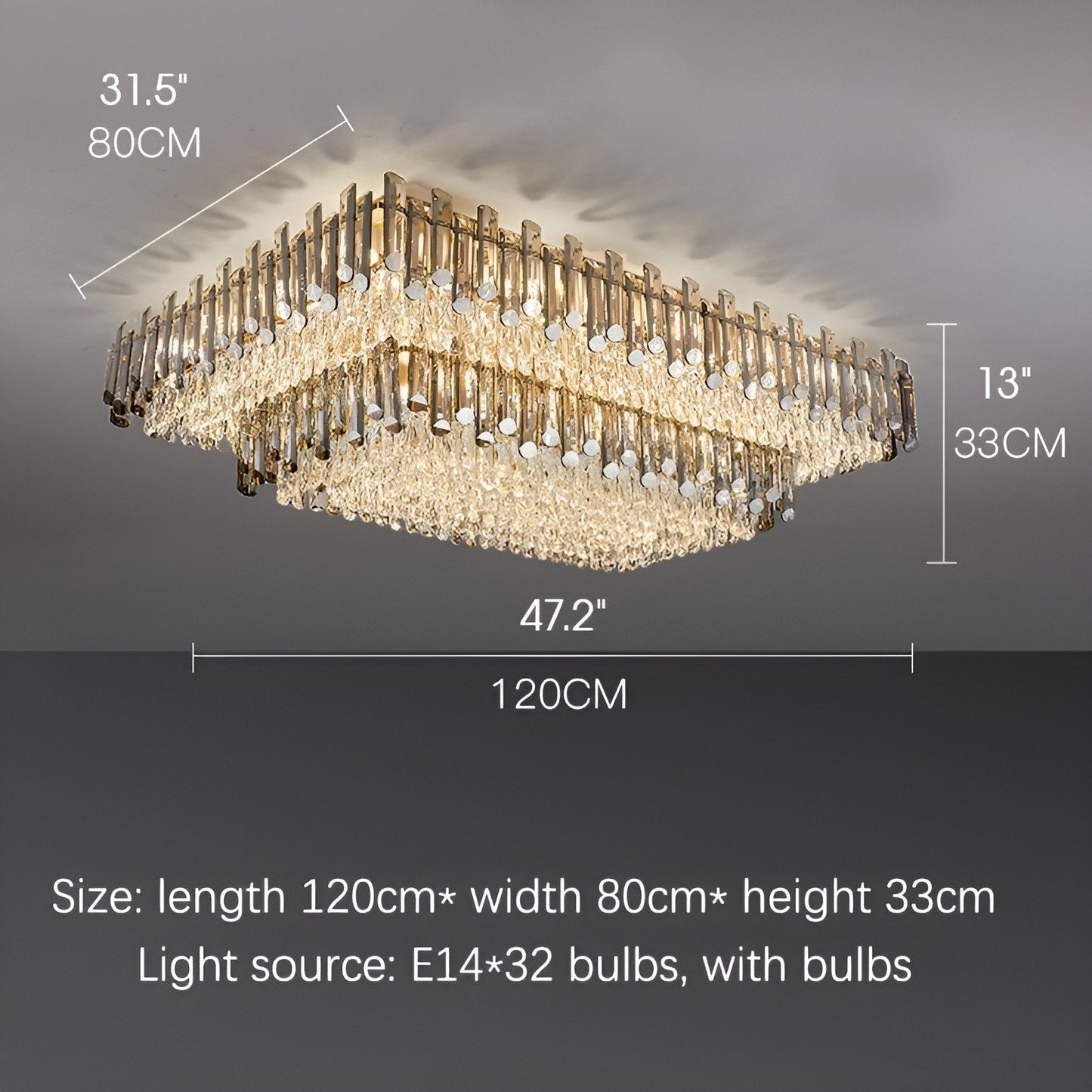 Acciano | Modern Rectangular Crystal LED Chandelier, L47.2xw27.5xh12.9", Warm LightBy Miron Demid LLC