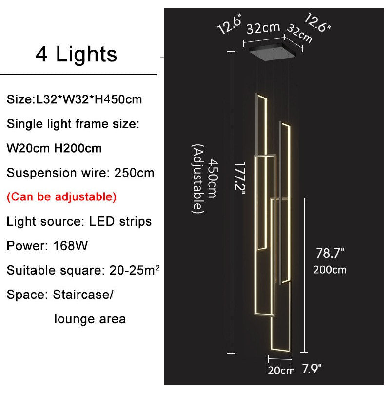 Lavagna | Ultramodern Rectangle Hanging LED Chandelier, Gold, 4 Lights (H177.2"), Warm Light, DimmableBy Miron Demid LLC