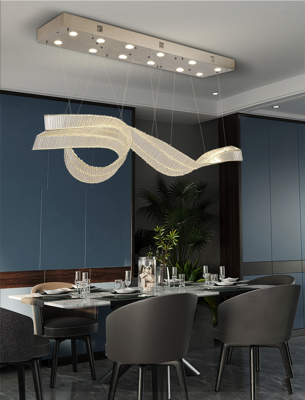 Alassio | Creative LED Chandelier in the Shape of Ribbon, Silver, L47.2" / L120.0cm, Cool Light, DimmableBy Miron Demid LLC