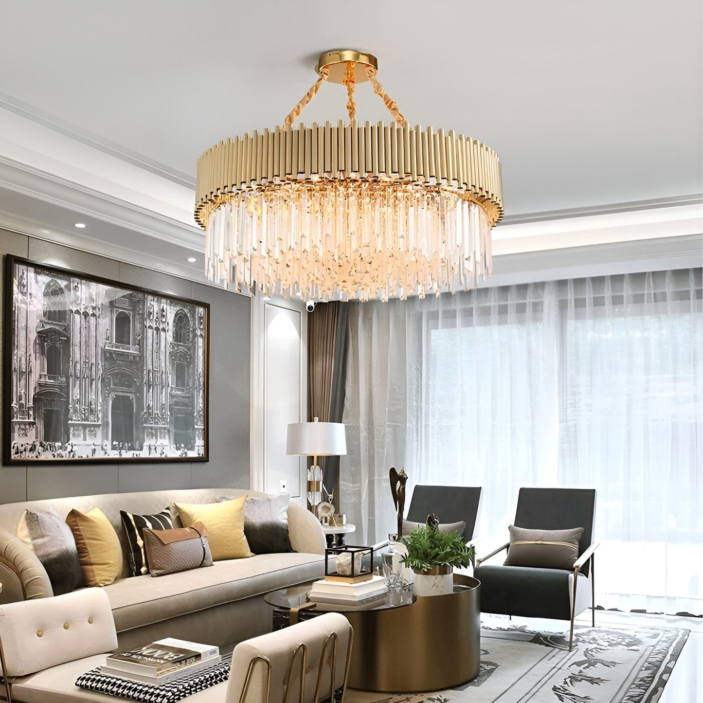 La Neuveville | Drum Gold Crystal Chandelier for Bedroom, 39.4", Cool LightBy Miron Demid LLC