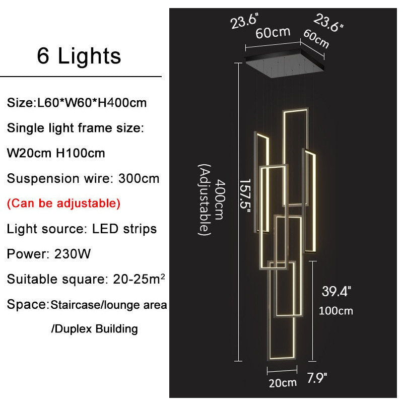 Lavagna | Ultramodern Rectangle Hanging LED Chandelier, Gold, 6 Lights (H157.5"), Warm Light, Non-DimmableBy Miron Demid LLC