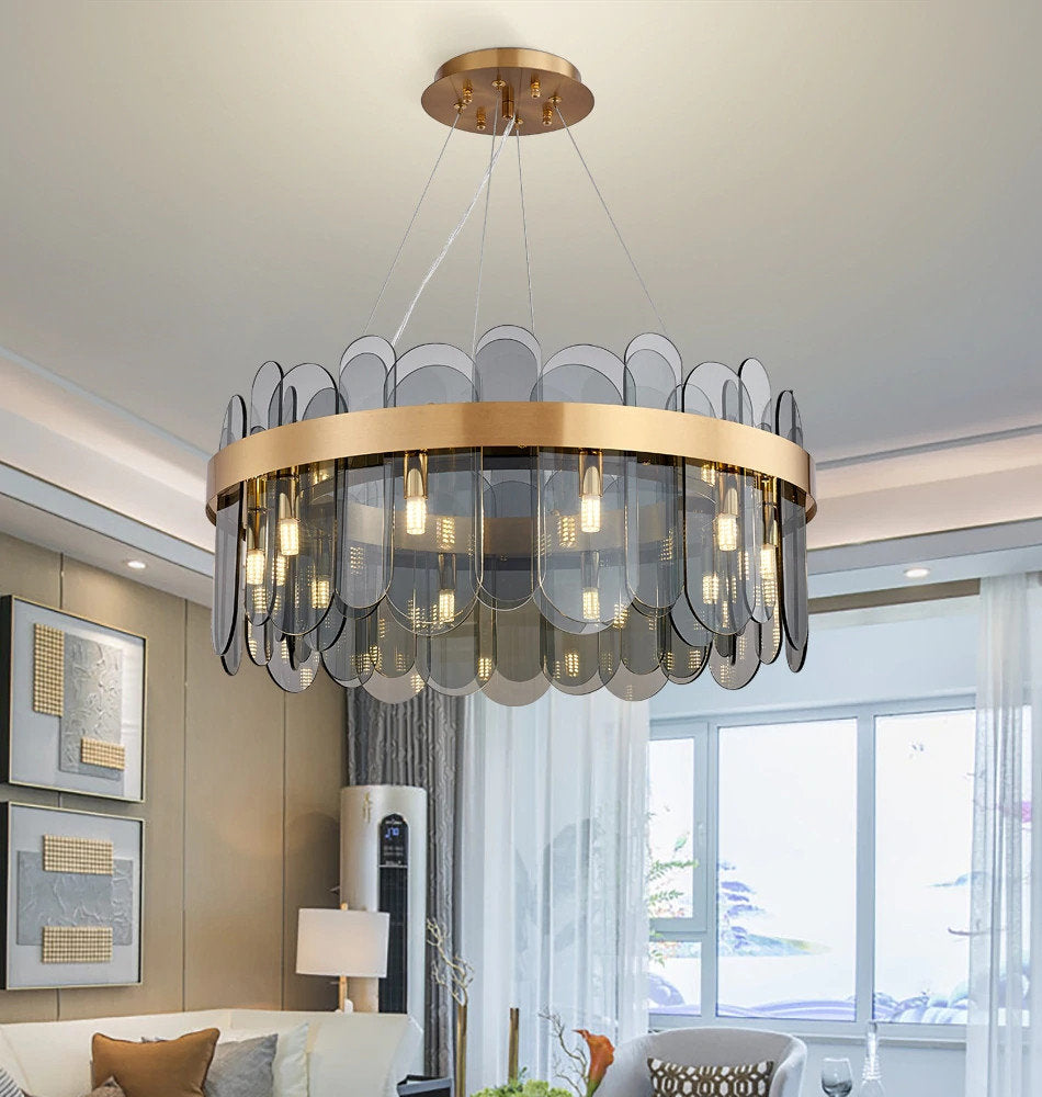 Schonbuhl | Modern Drum Chandelier for Living Room, Smoke Gray Glass, 31.5''By Miron Demid LLC