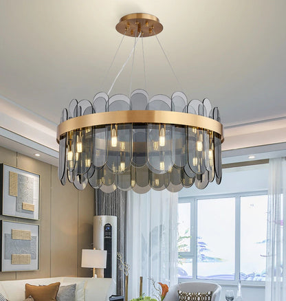Schonbuhl | Modern Drum Chandelier for Living Room, Smoke Gray Glass, 31.5''By Miron Demid LLC