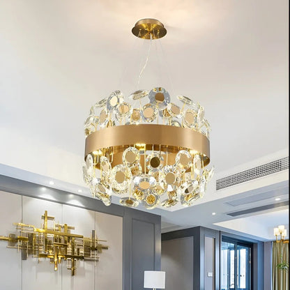 Art Deco Round Crystal Chandelier For The Living Room, Gold, 31.5"By Miron Demid LLC