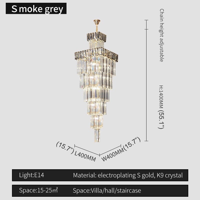 Beuil | High-end Villa Staircase Square Crystal Chandelier, Smoke Gray, H55.1"By Miron Demid LLC