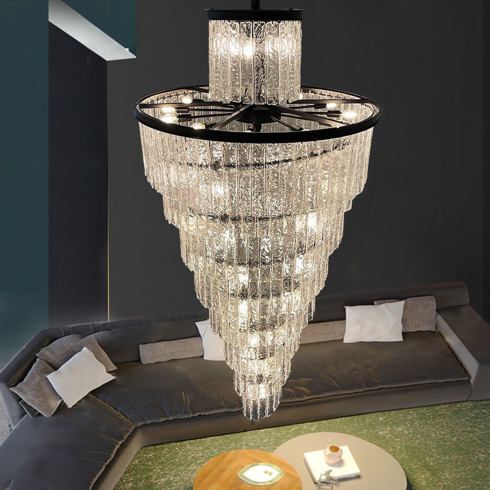 Elegant Frosted Glass Long Black Chandelier For Staircase, Dia15.6"By Miron Demid LLC