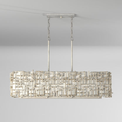 Fredrick Ramond Farrah 8 Light 48" Wide Linear Chandelier with a Linen Shade and Hand-Made Crosshatch Bars