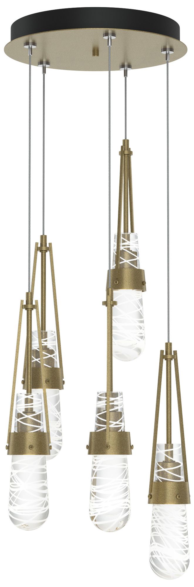 Link 13"W 5-Light Gold Long Pendant w/ Clear White Threaded Glass Shad