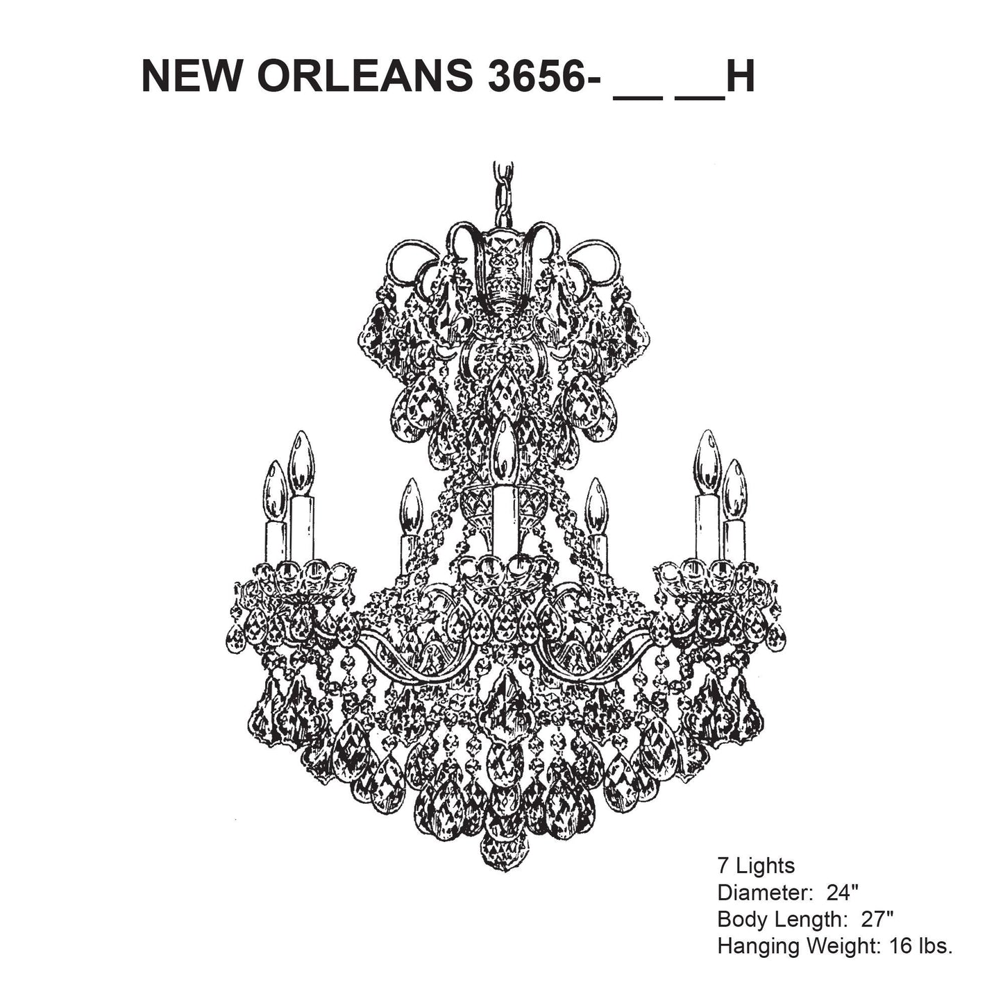 New Orleans 27"H x 24"W 7-Light Crystal Chandelier in Heirloom Br