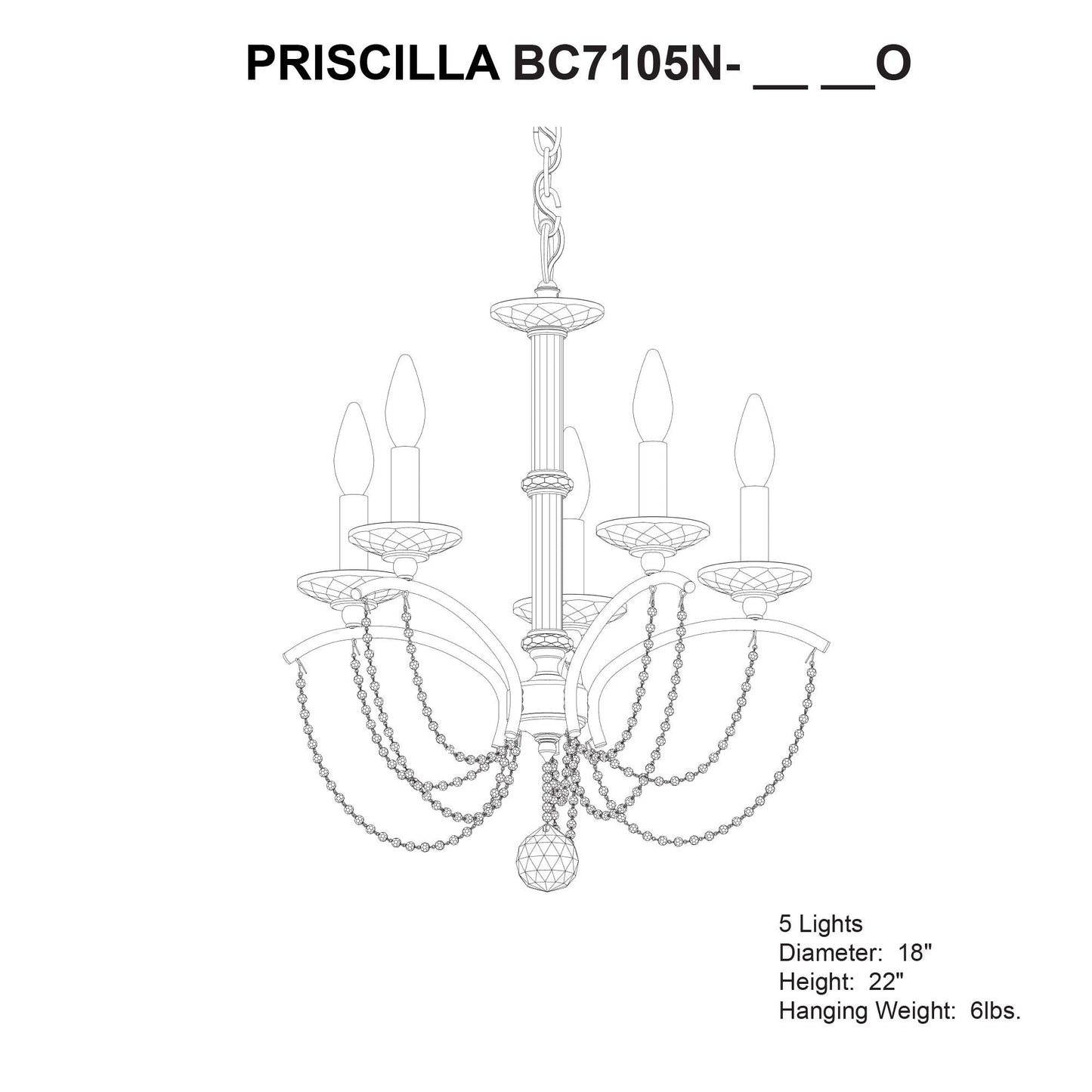 Priscilla 22"H x 18"W 5-Light Crystal Chandelier in Black