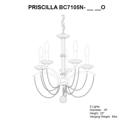 Priscilla 22"H x 18"W 5-Light Crystal Chandelier in Heirloom Silv